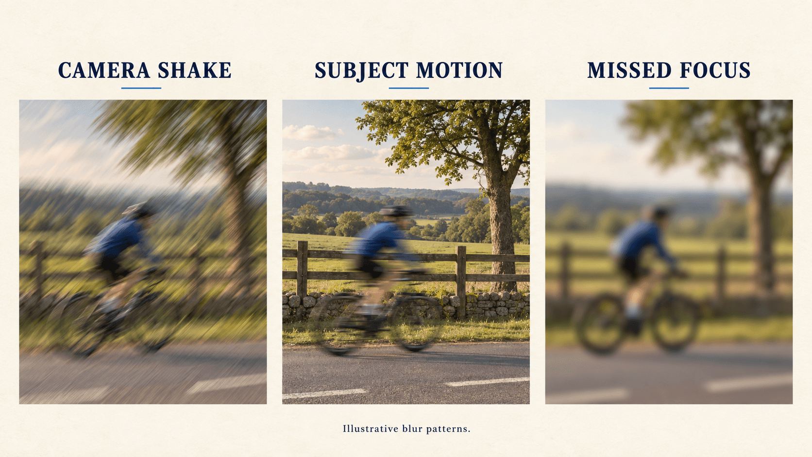 Illustrative camera shake, subject motion, and missed focus shown in three labeled panels